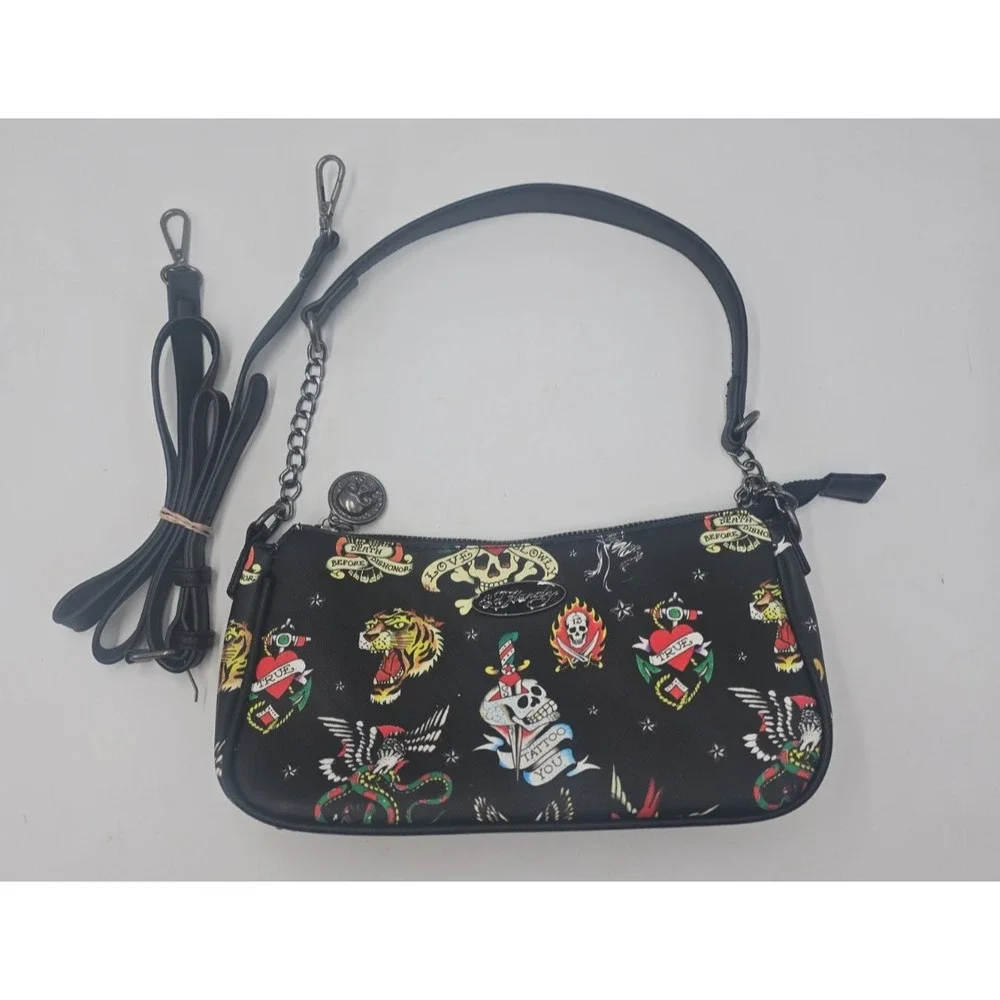 Ed Hardy Black Shoulder Crossbody Bag with Charms Love Kills Slowly Skull Tattoo